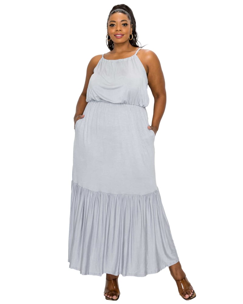 Front of a model wearing a size 2X Ariana Maxi Dress in Silver by L I V D. | dia_product_style_image_id:363595